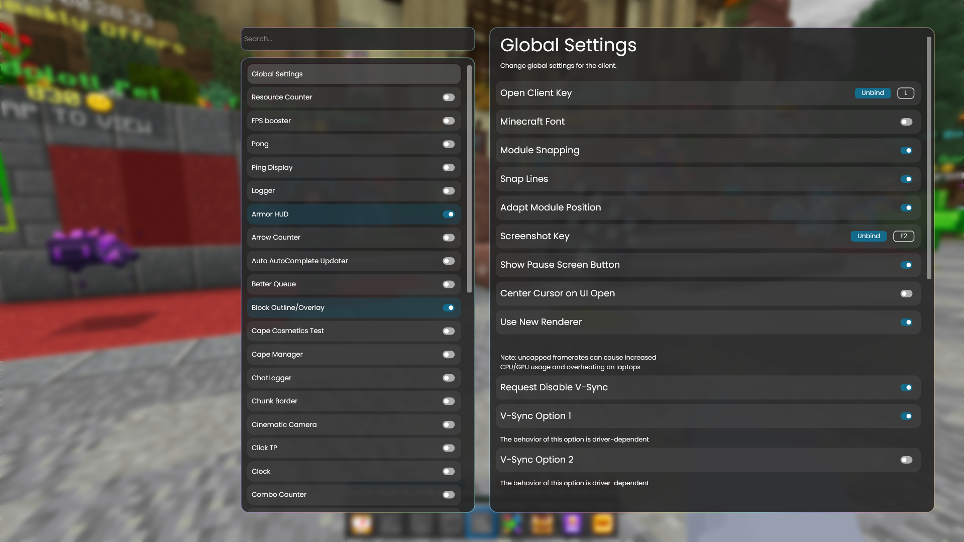 Onix Client running in Minecraft: Bedrock Edition